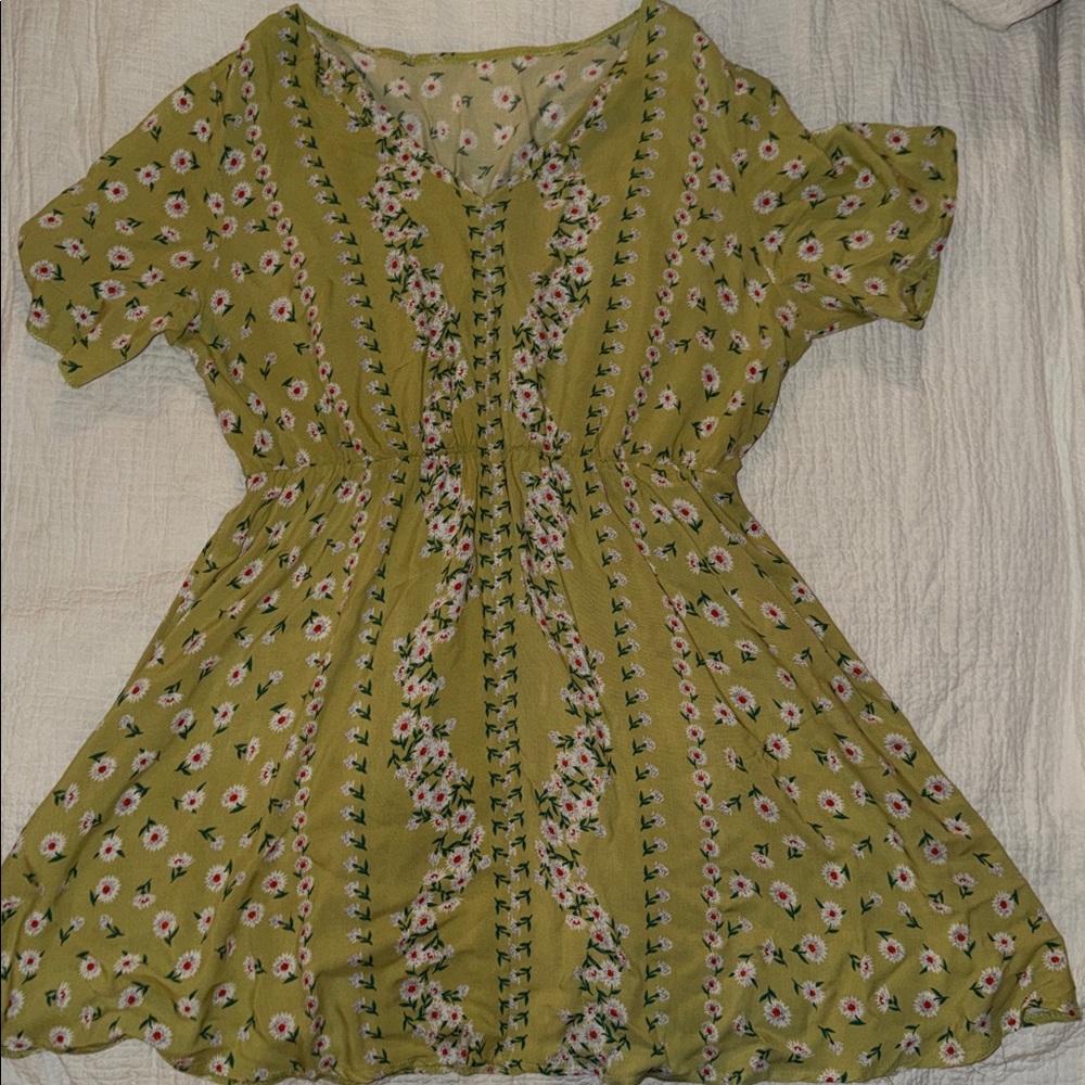 SHEIN Green Floral Ruffle Dress with White & Pink Blooms